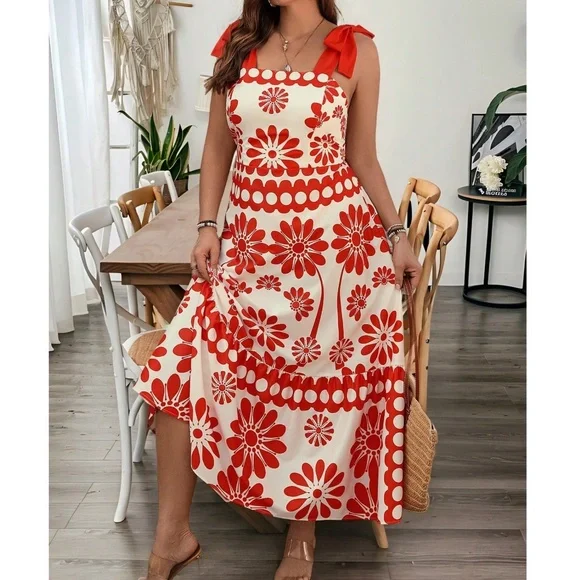 Plus Floral Print Shirred Bodice High Waisted Shoulder Tie Maxi Dress - Picture 2 of 6